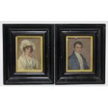 A pair of early 20th century portrait miniatures of Mr & Mrs Bedwell, each wearing 19th century