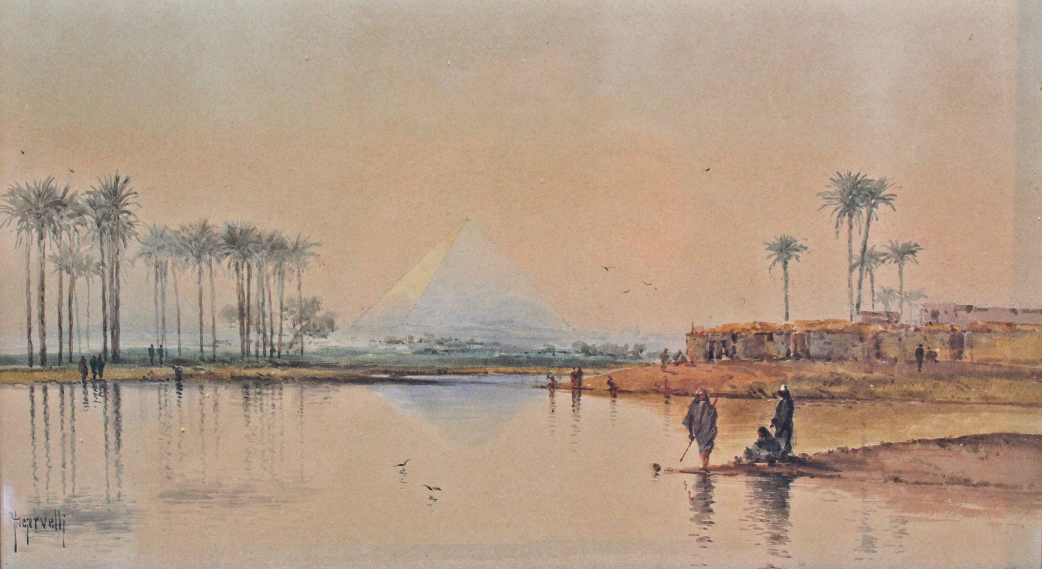 SCARVELLI, Spyridan (Greek, 1868-1942). A view of the pyramids from the river Nile, with figures,