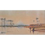 SCARVELLI, Spyridan (Greek, 1868-1942). A view of the pyramids from the river Nile, with figures,