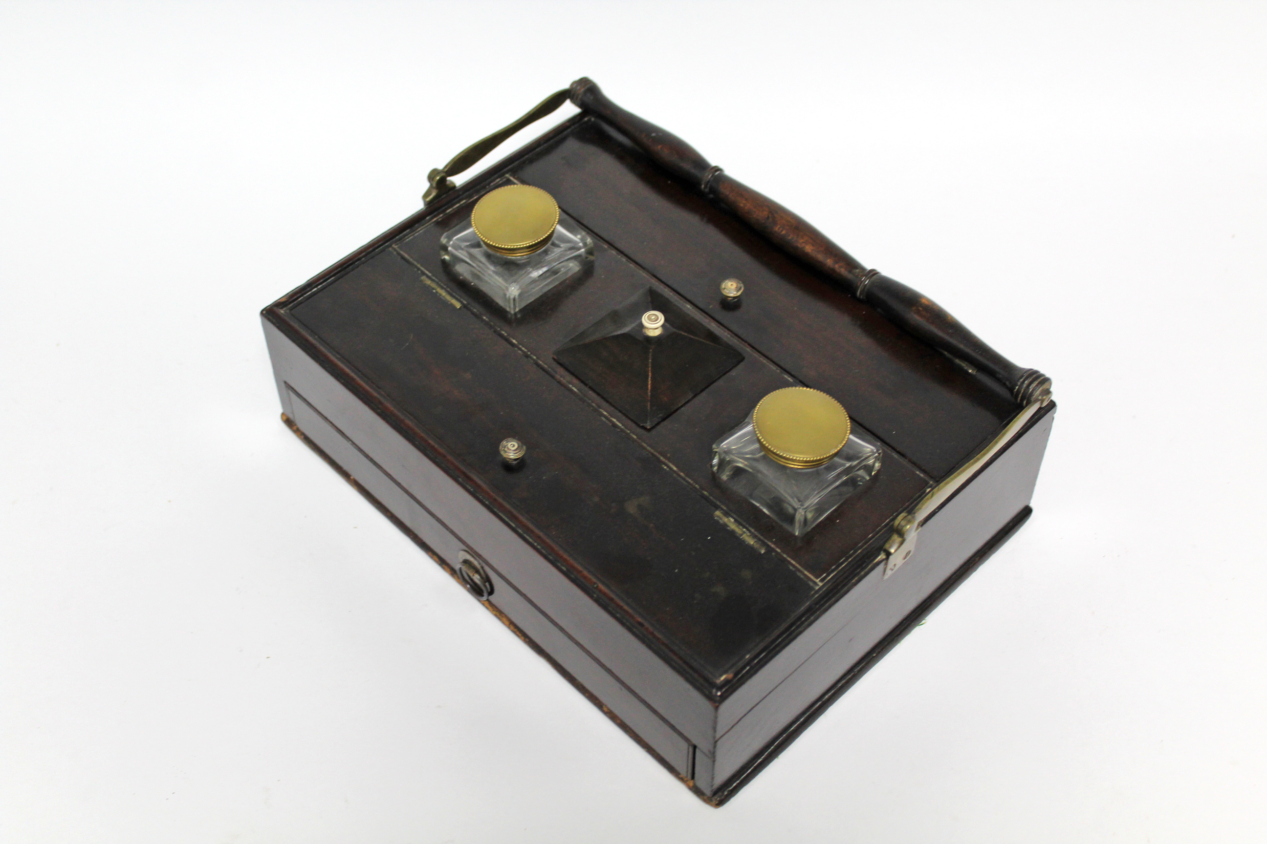 A late 18th-early 19th century mahogany writing box, fitted pair of glass inkwells with brass - Image 5 of 5