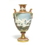 A Royal Worcester porcelain two-handled ovoid vase painted with swans in flight by C. H. C. BALDWYN,