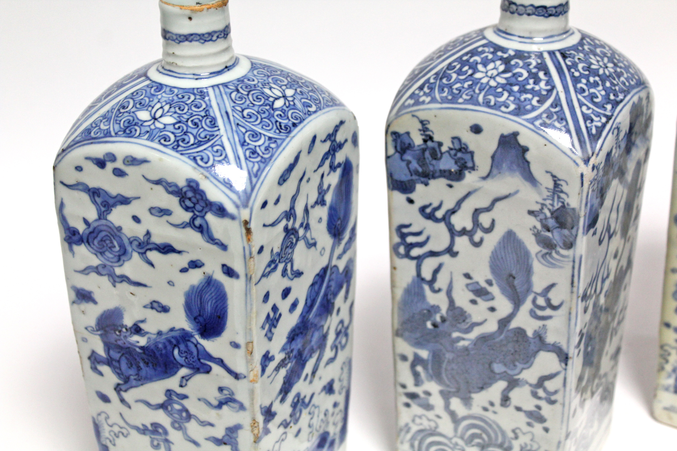 THREE CHINESE BLUE-&-WHITE PORCELAIN BOTTLE VASES, each of square section with short cylindrical - Image 9 of 16