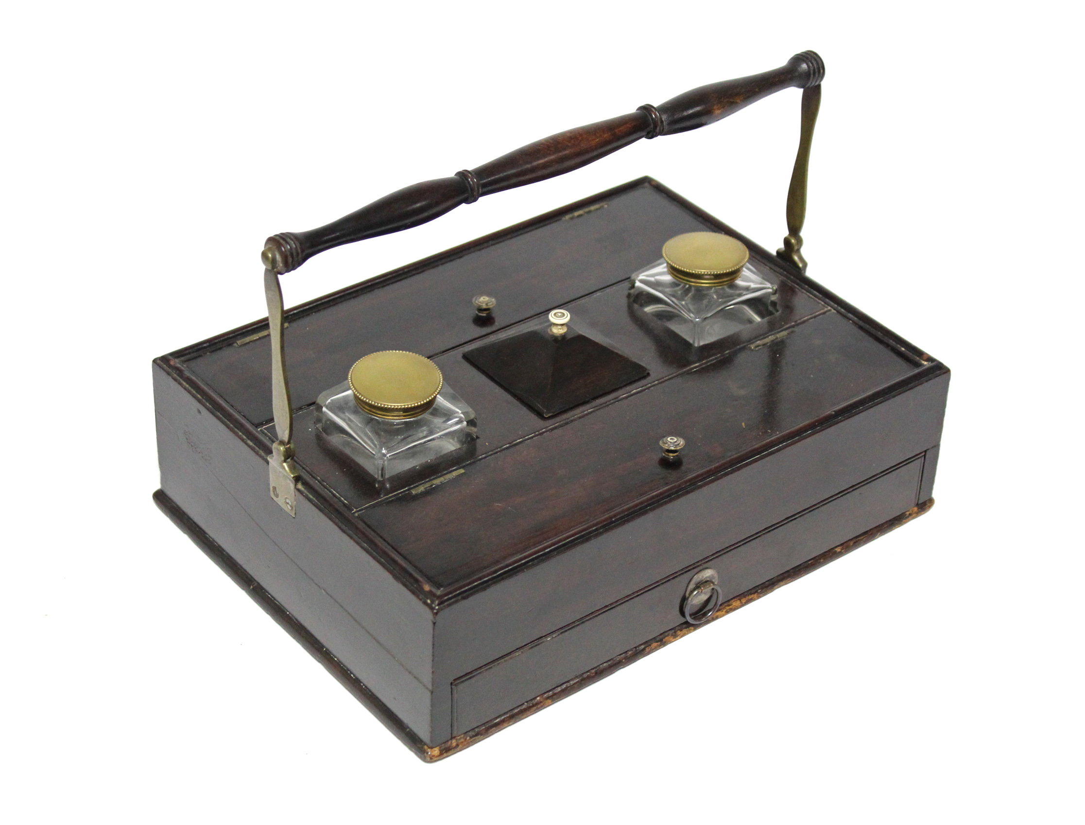 A late 18th-early 19th century mahogany writing box, fitted pair of glass inkwells with brass
