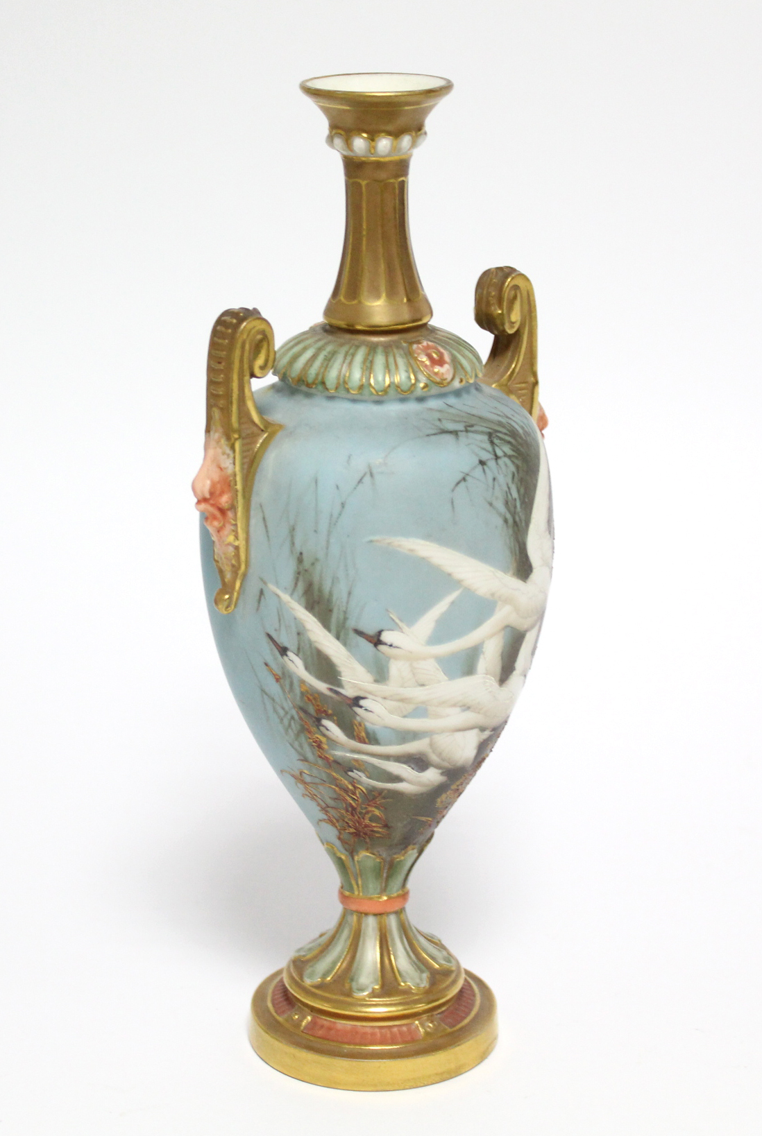 A ROYAL WORCESTER PORCELAIN TWO-HANDLED VASE, the slender ovoid body painted with swans in flight by - Image 2 of 7