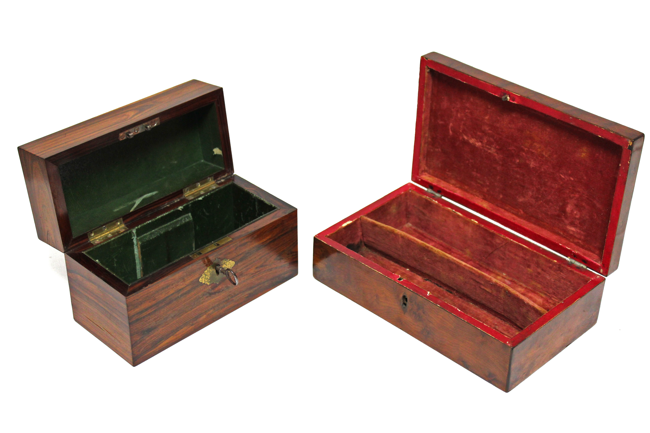 A 19th century tulipwood rectangular box with hinged lid & green morocco-lined interior, 7½” wide; & - Image 4 of 7