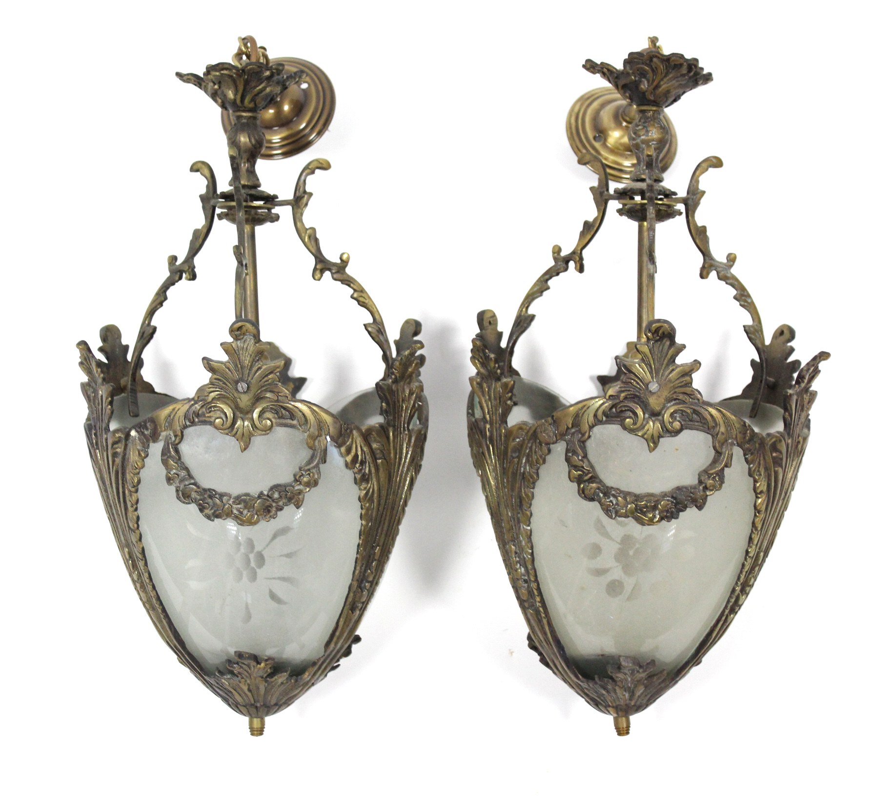 A pair of gilt-metal & frosted glass ceiling light fittings in the rococo style, of ovoid form, &