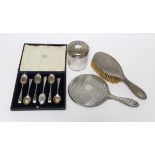 A set of six silver teaspoons in fitted case, Sheffield 1918 by J. Rodgers & Co.; together with a