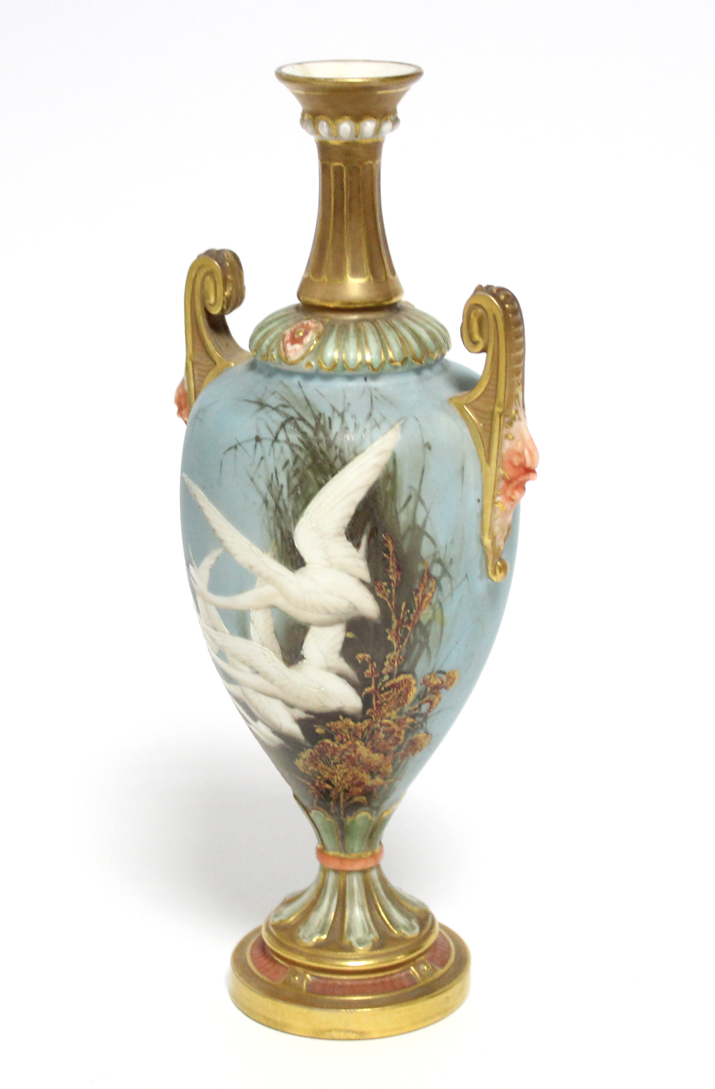 A ROYAL WORCESTER PORCELAIN TWO-HANDLED VASE, the slender ovoid body painted with swans in flight by - Image 3 of 7