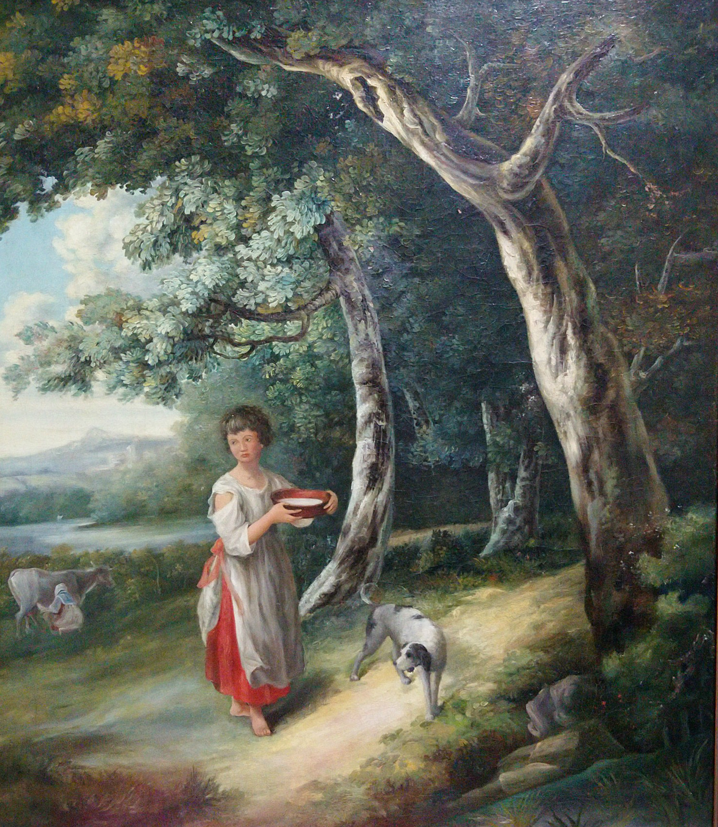 ENGLISH SCHOOL, late 18th/early 19th century. A wooded landscape with peasant girl holding a pan