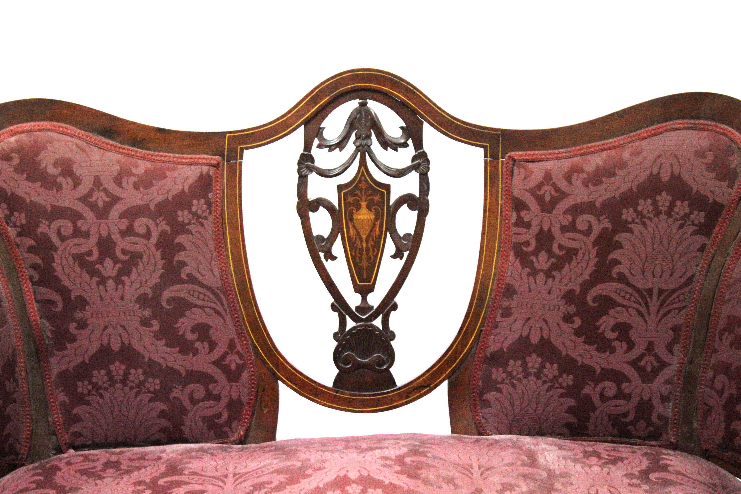 A late Victorian inlaid mahogany seven-piece salon suite comprising: a sofa, two armchairs & four - Image 3 of 5