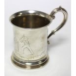 A Victorian christening mug of cylindrical form, with scroll handle & engraved figure scene of two