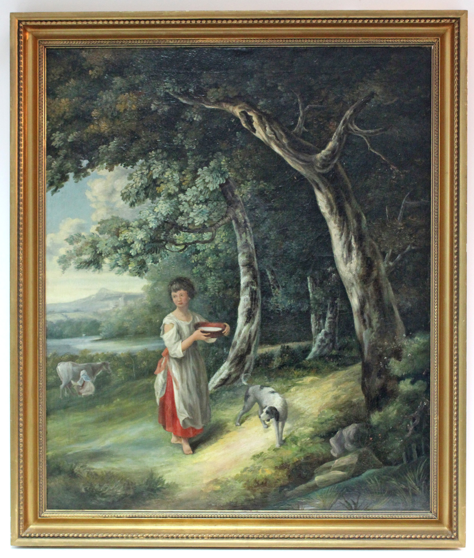 ENGLISH SCHOOL, late 18th/early 19th century. A wooded landscape with peasant girl holding a pan - Image 2 of 4