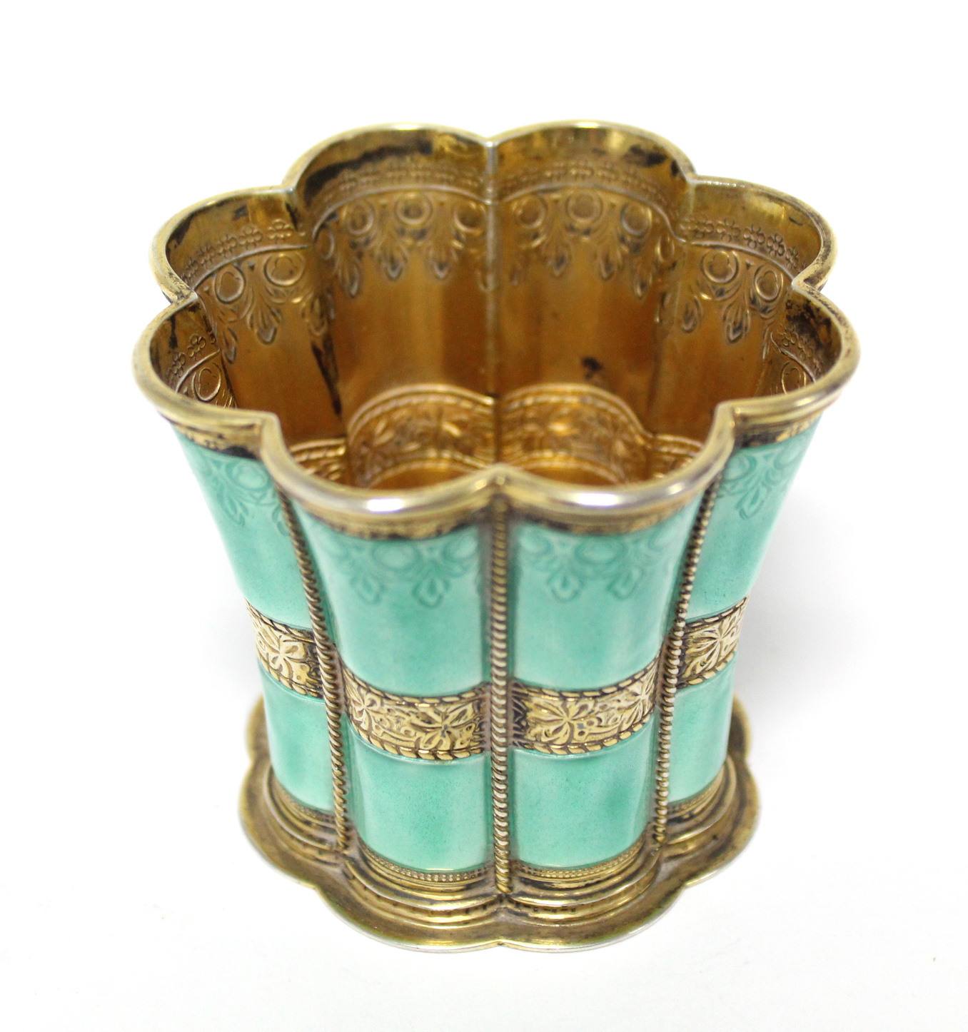A Danish gilt-sterling & turquoise enamel “Queen Margrethe” cup by Anton Michelsen, of waisted