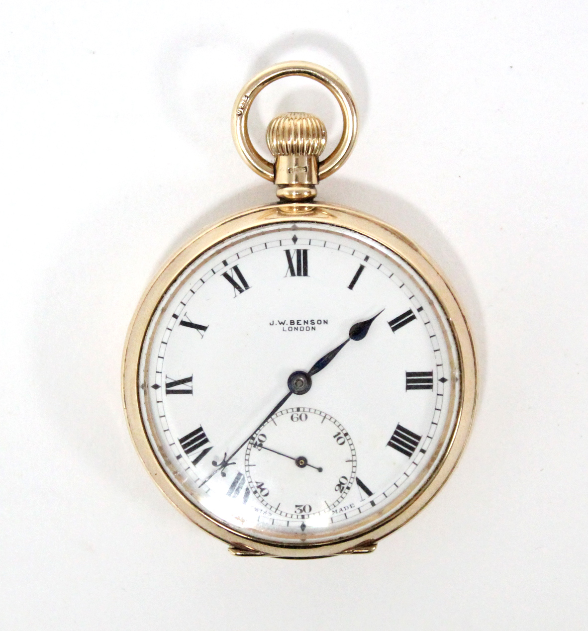 A 9ct. gold cased gent’s open-face pocket watch, the white enamel dial with black roman numerals &