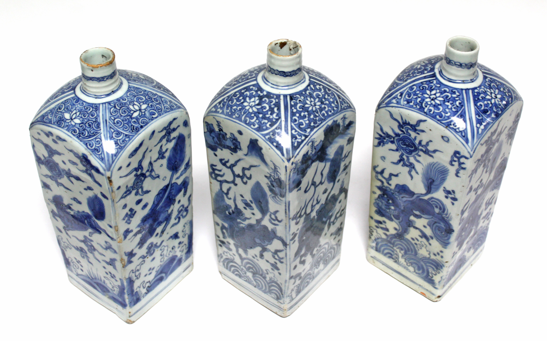 THREE CHINESE BLUE-&-WHITE PORCELAIN BOTTLE VASES, each of square section with short cylindrical - Image 8 of 16