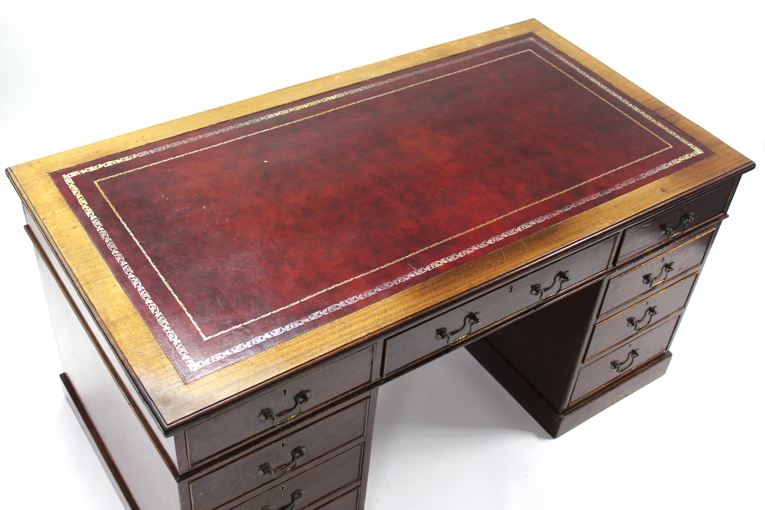 A George V mahogany pedestal desk with crimson tooled leather top, fitted nine drawers with brass - Image 3 of 10