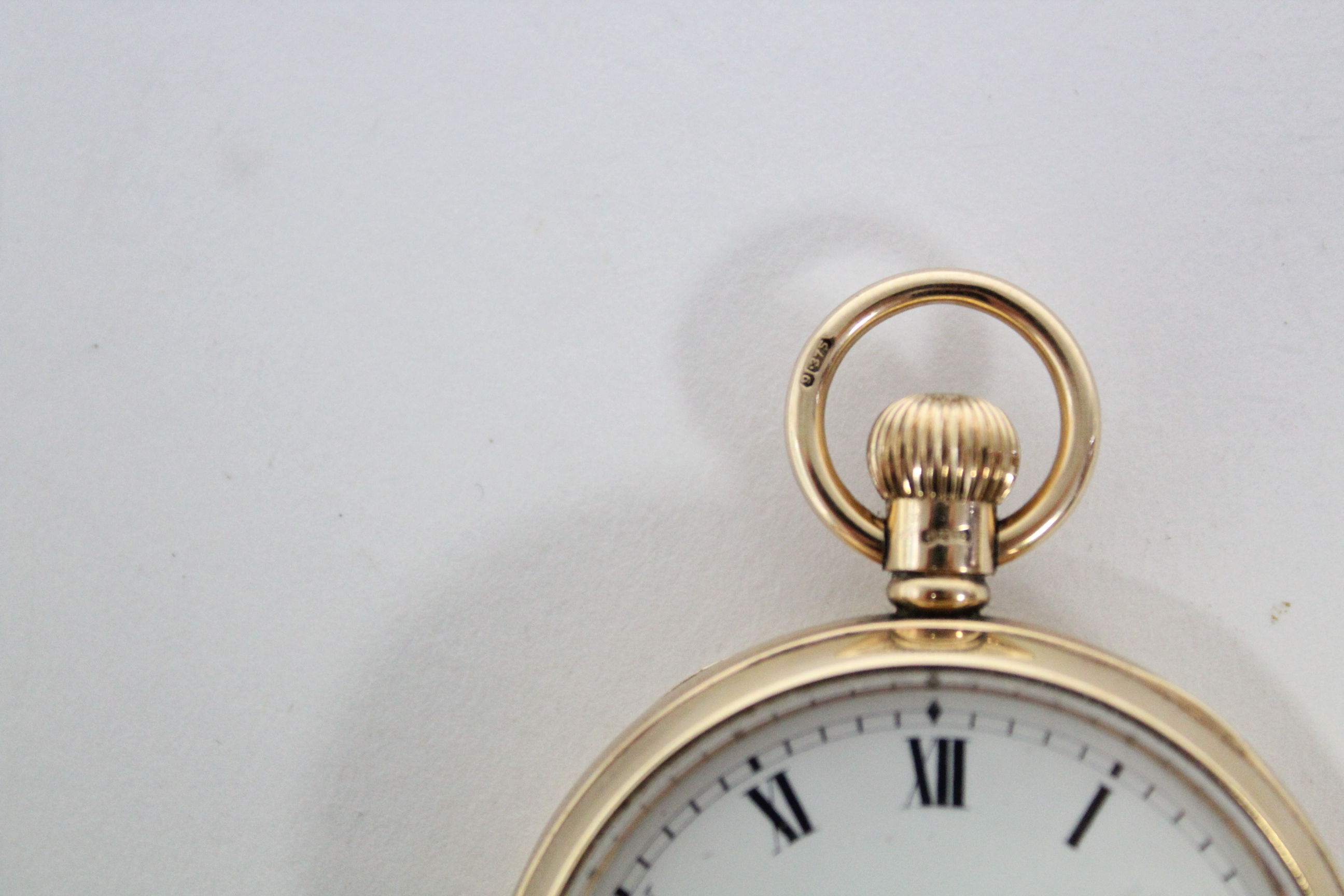 A 9ct. gold cased gent’s open-face pocket watch, the white enamel dial with black roman numerals & - Image 2 of 7