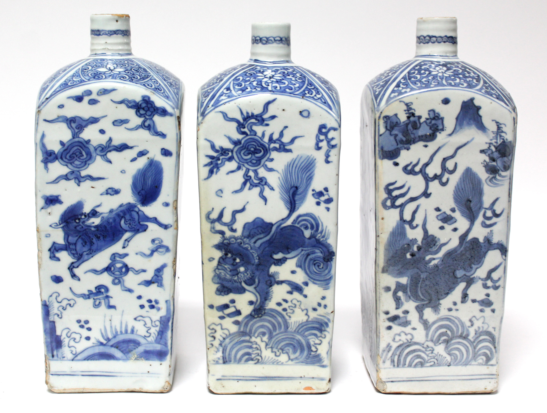 THREE CHINESE BLUE-&-WHITE PORCELAIN BOTTLE VASES, each of square section with short cylindrical - Image 5 of 16