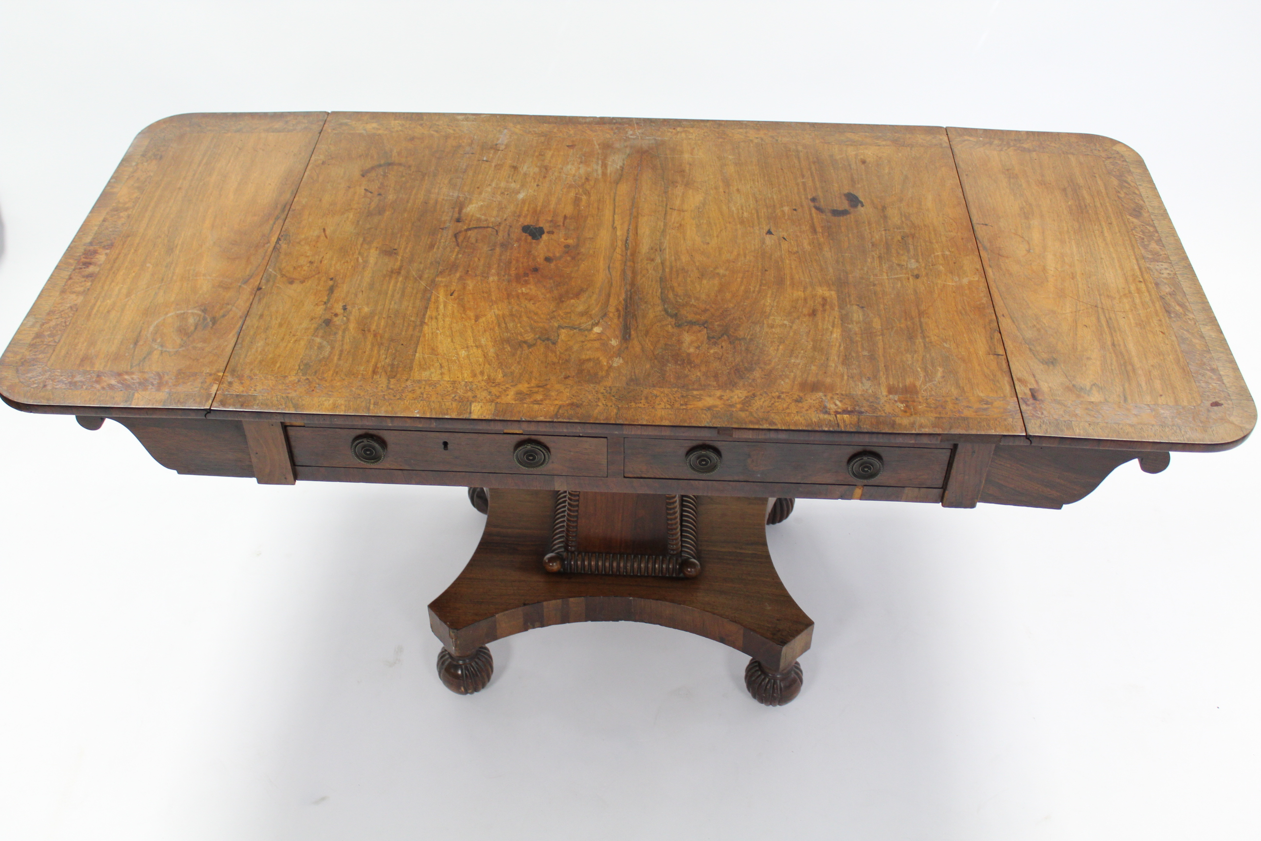 A regency rosewood sofa table with burr-yew & rosewood crossbanding, fitted two frieze drawers, on - Image 3 of 3