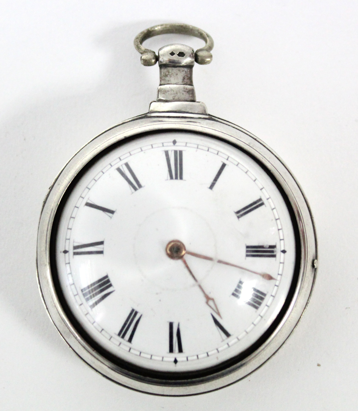 A George III silver pair-cased pocket watch with black roman numerals to the white enamel convex