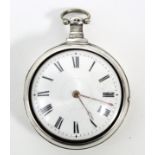 A George III silver pair-cased pocket watch with black roman numerals to the white enamel convex