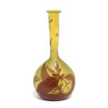 A GALLÉ CAMEO GLASS VASE with flat-sided round body & tall narrow neck, decorated with flowers &