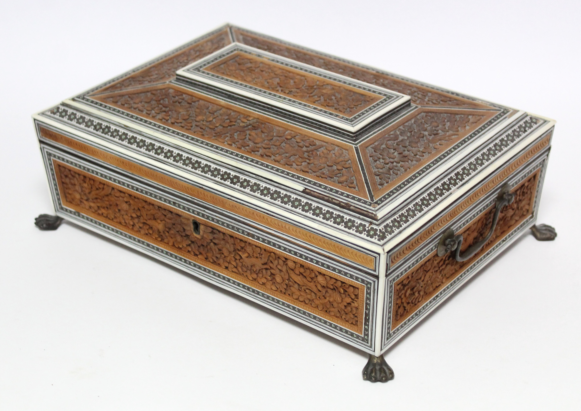 A 19th century Anglo-Indian sandalwood & ivory needlework box with hinged lid, profusely carved with - Image 2 of 6