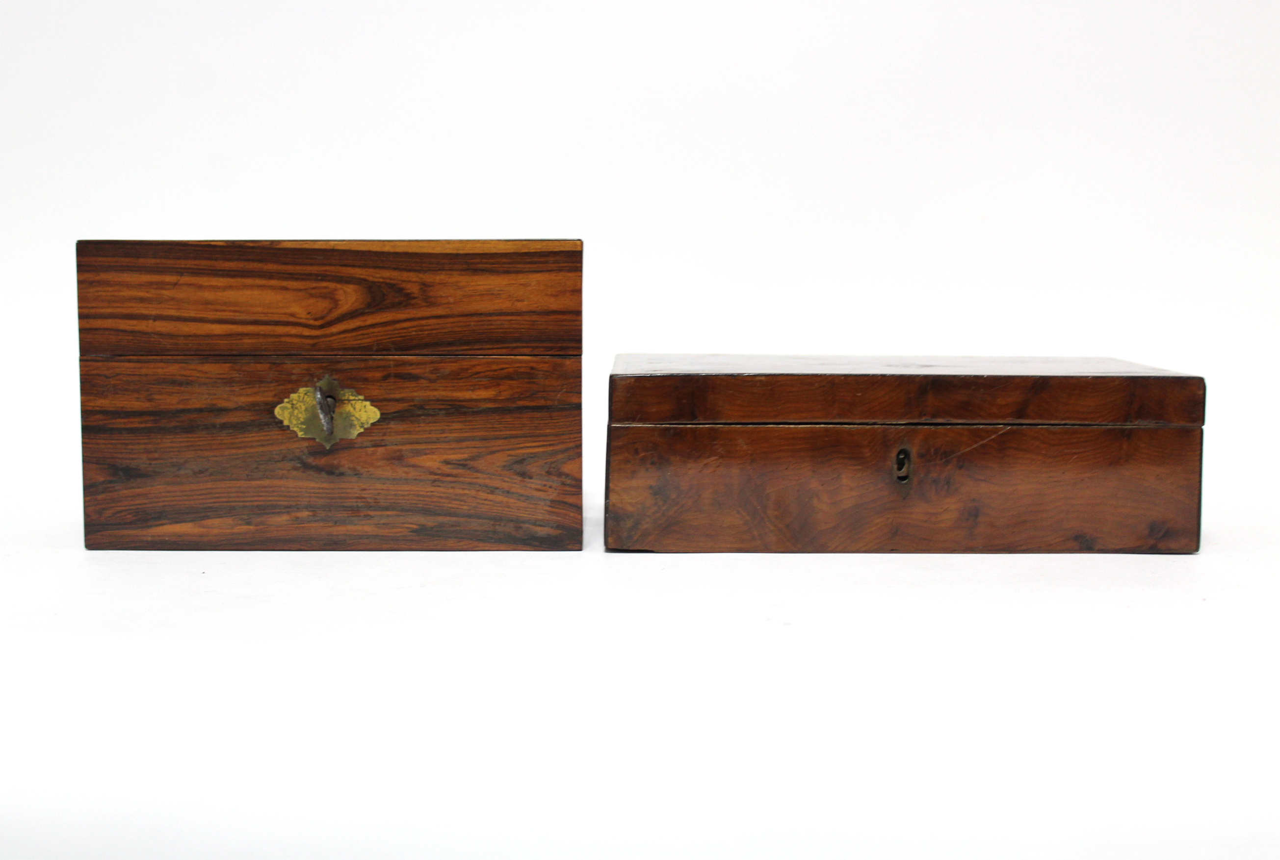 A 19th century tulipwood rectangular box with hinged lid & green morocco-lined interior, 7½” wide; & - Image 2 of 7