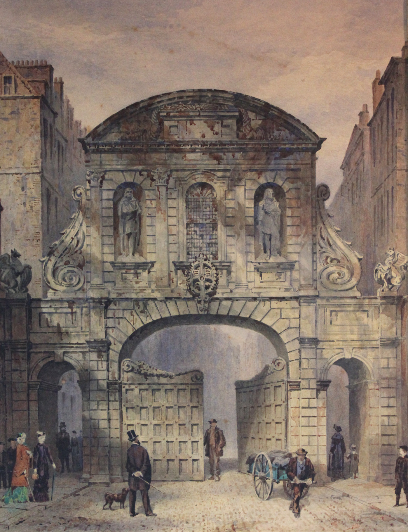 ENGLISH SCHOOL, 19th century. Temple Bar, London, the gates half closed, with numerous figures to