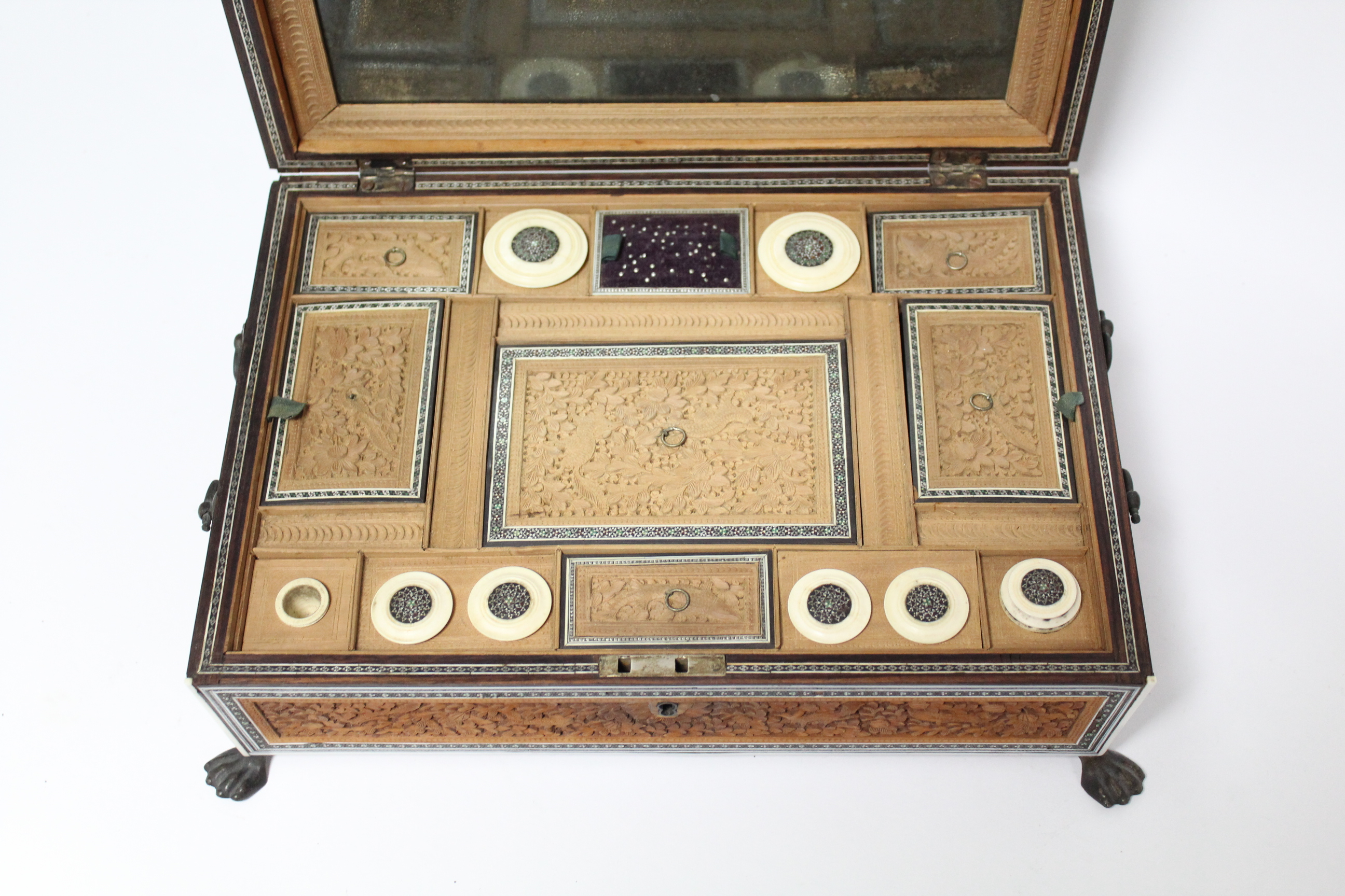 A 19th century Anglo-Indian sandalwood & ivory needlework box with hinged lid, profusely carved with - Image 5 of 6