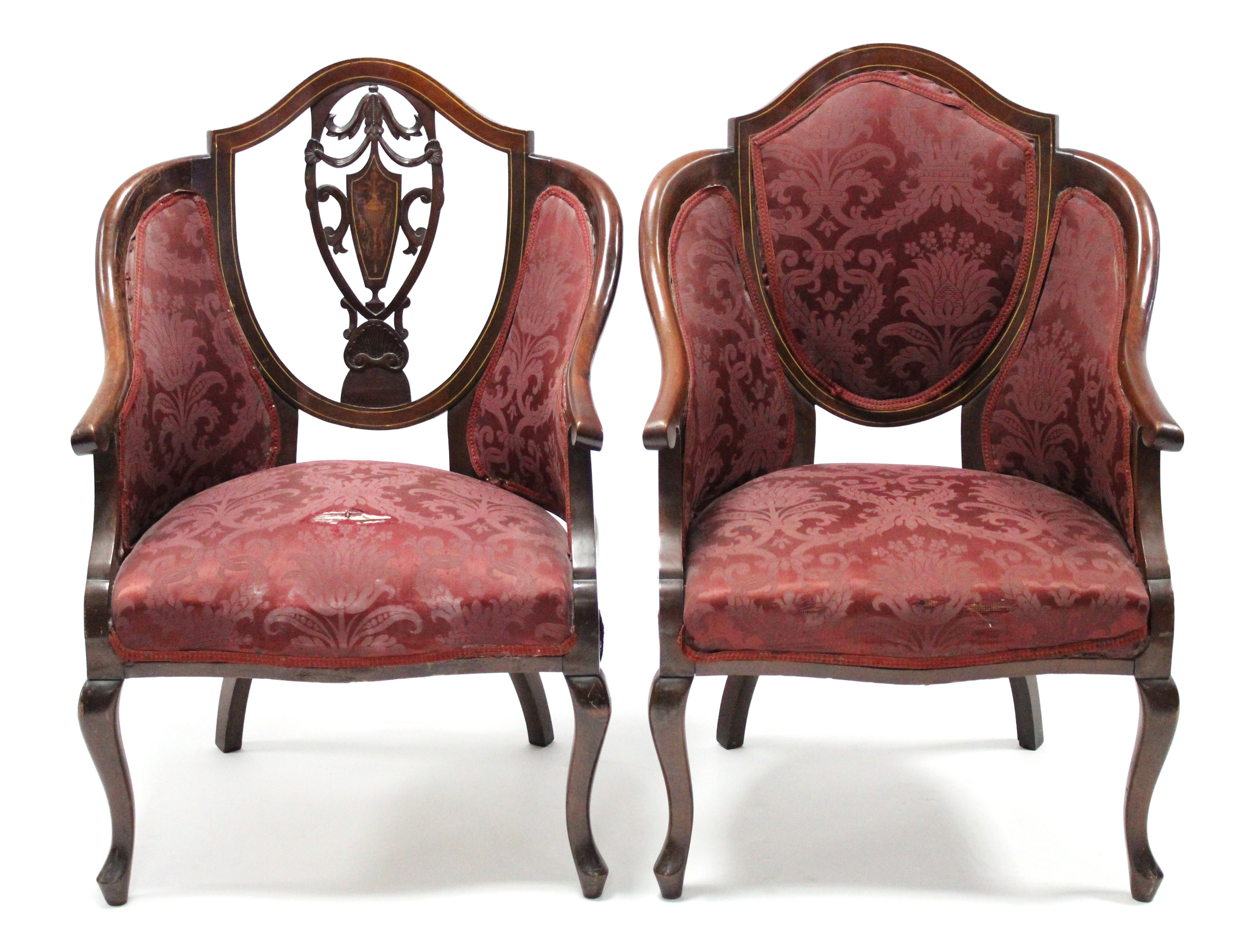 A late Victorian inlaid mahogany seven-piece salon suite comprising: a sofa, two armchairs & four - Image 4 of 5