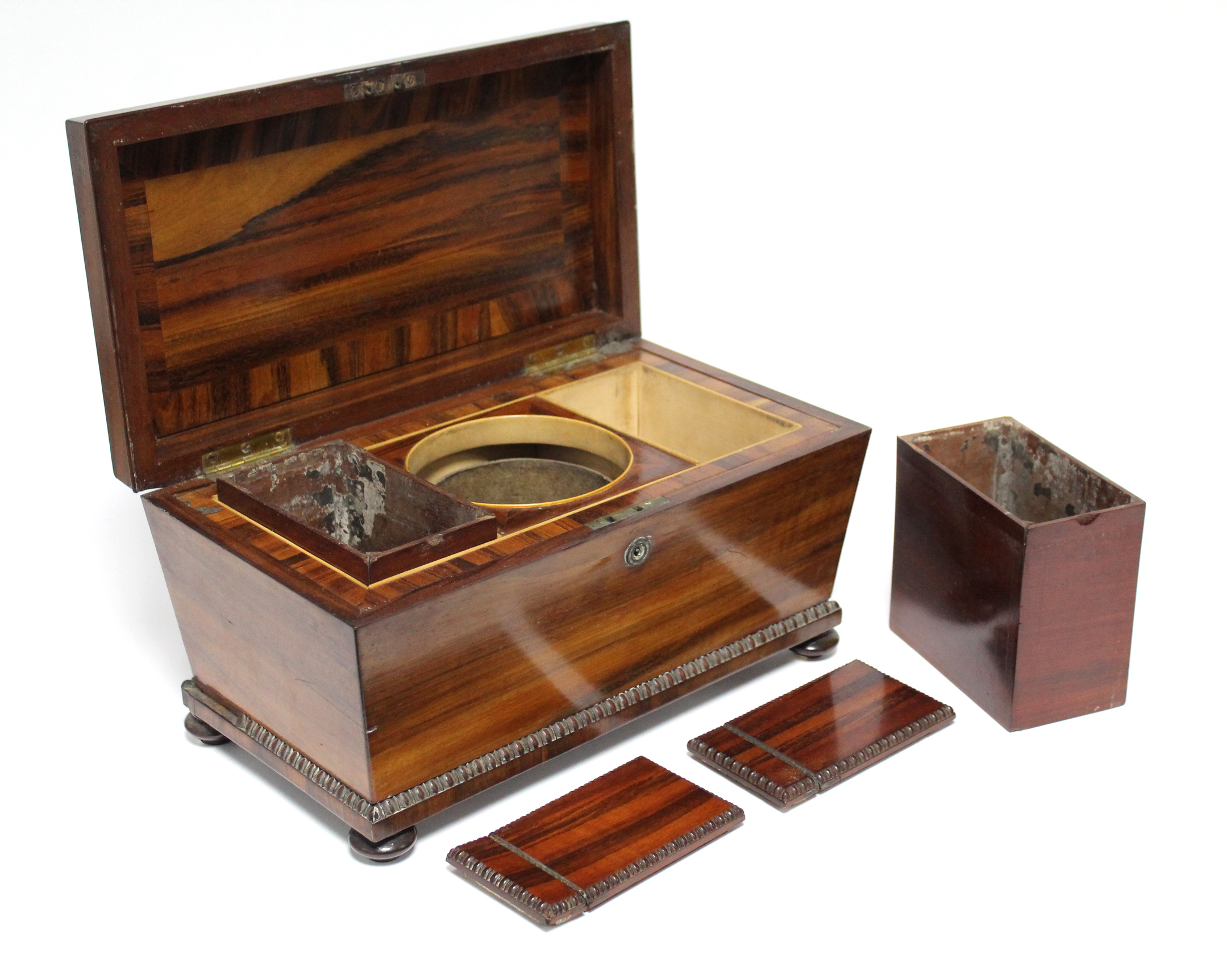 A regency Goncalo Alves tea caddy of rectangular tapered form with egg-&-dart decoration & fitted - Image 3 of 6