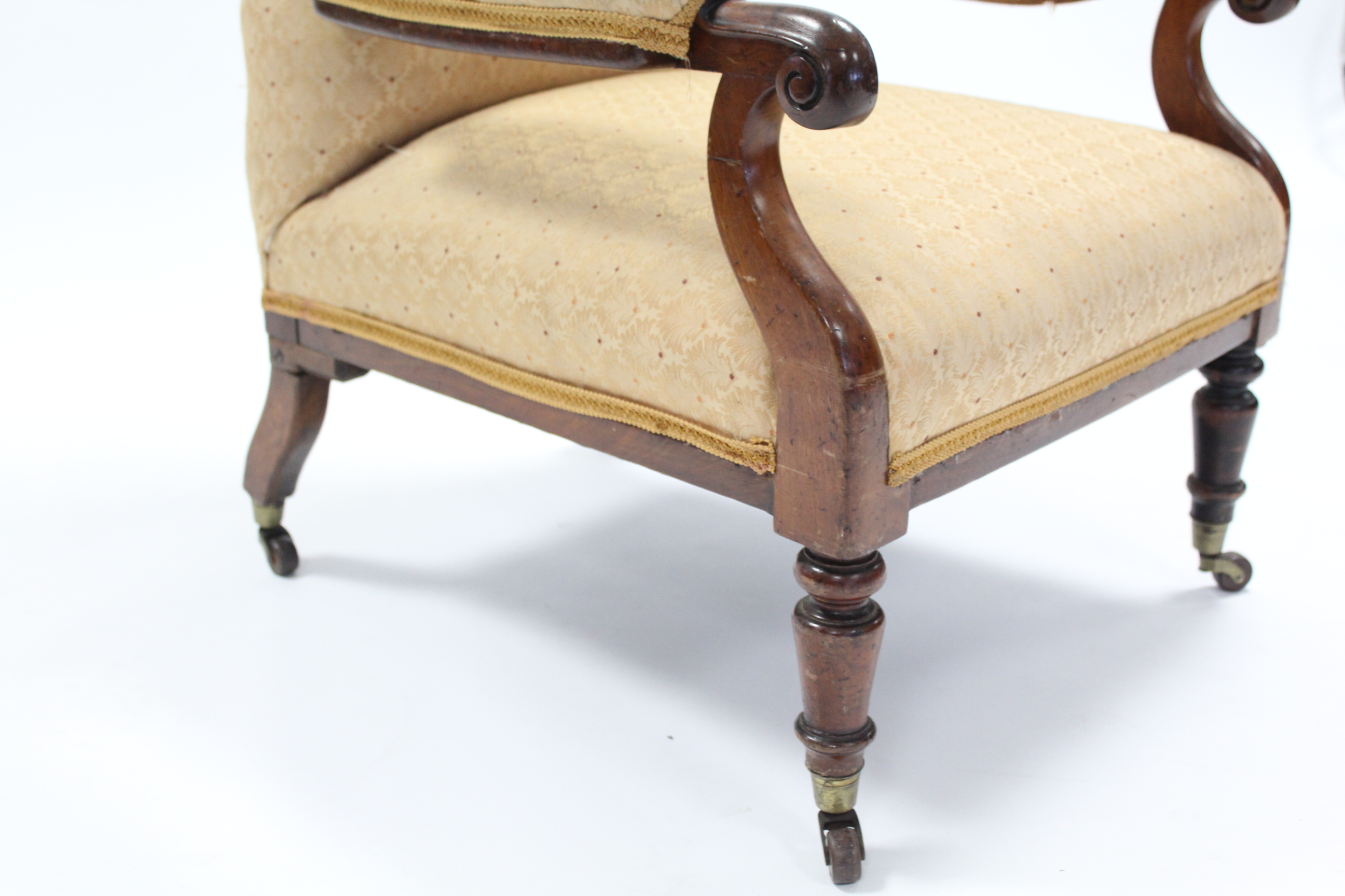 An early Victorian mahogany-frame open armchair, the tall padded back, seat, & arms upholstered pale - Image 3 of 3