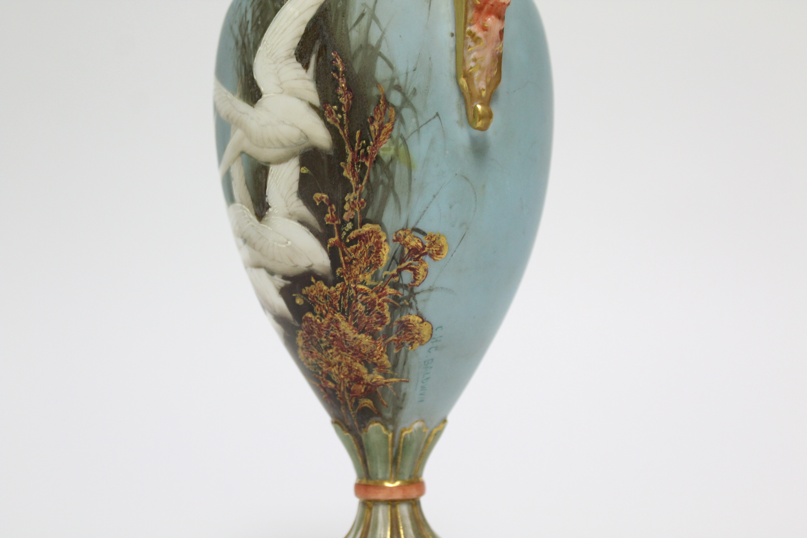 A ROYAL WORCESTER PORCELAIN TWO-HANDLED VASE, the slender ovoid body painted with swans in flight by - Image 5 of 7