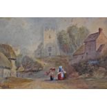 ENGLISH SCHOOL, 19th century. A rural scene with figures & cattle on a path leading to a church;