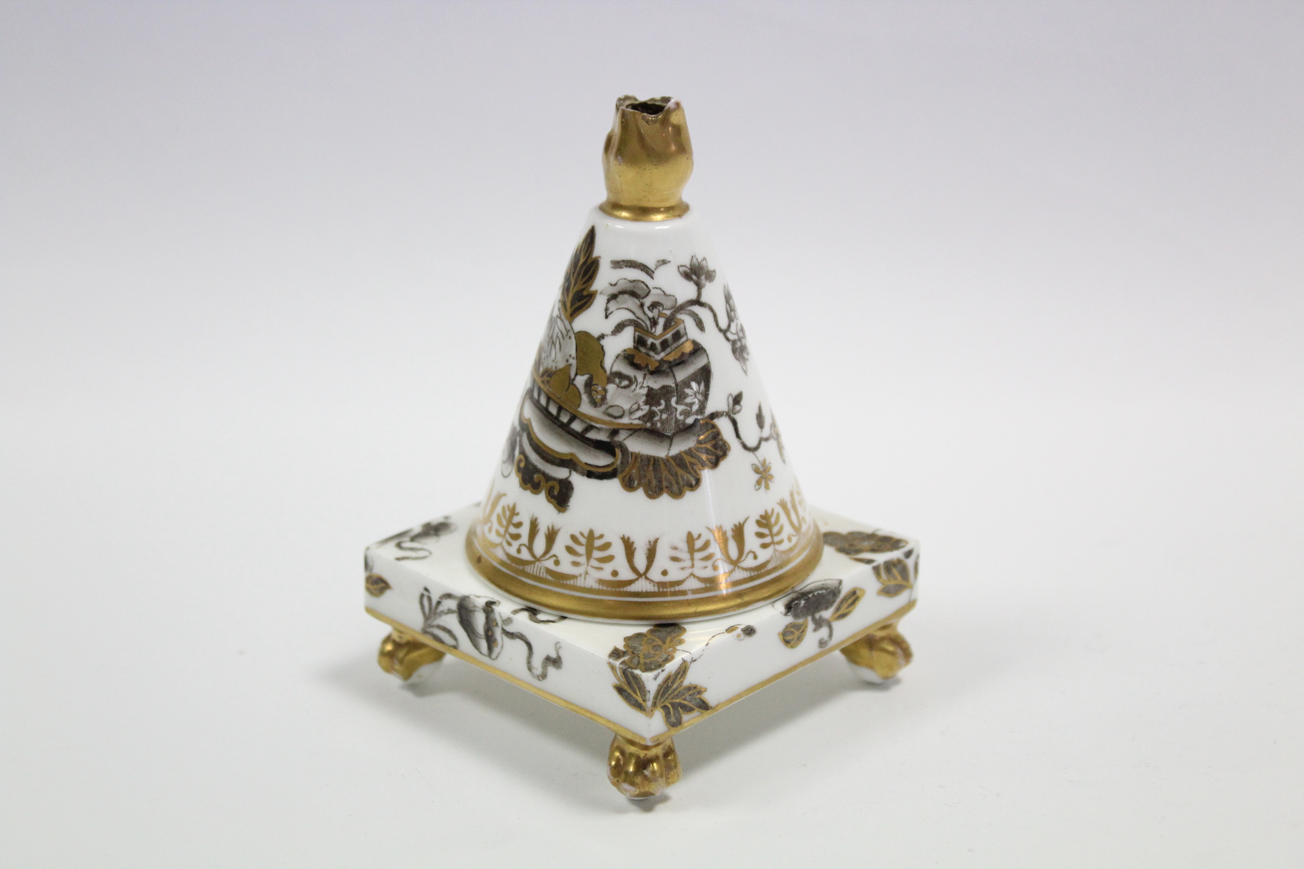 An early 19th century Spode porcelain pastille burner with cone-shaped cover on a square base with - Image 2 of 7