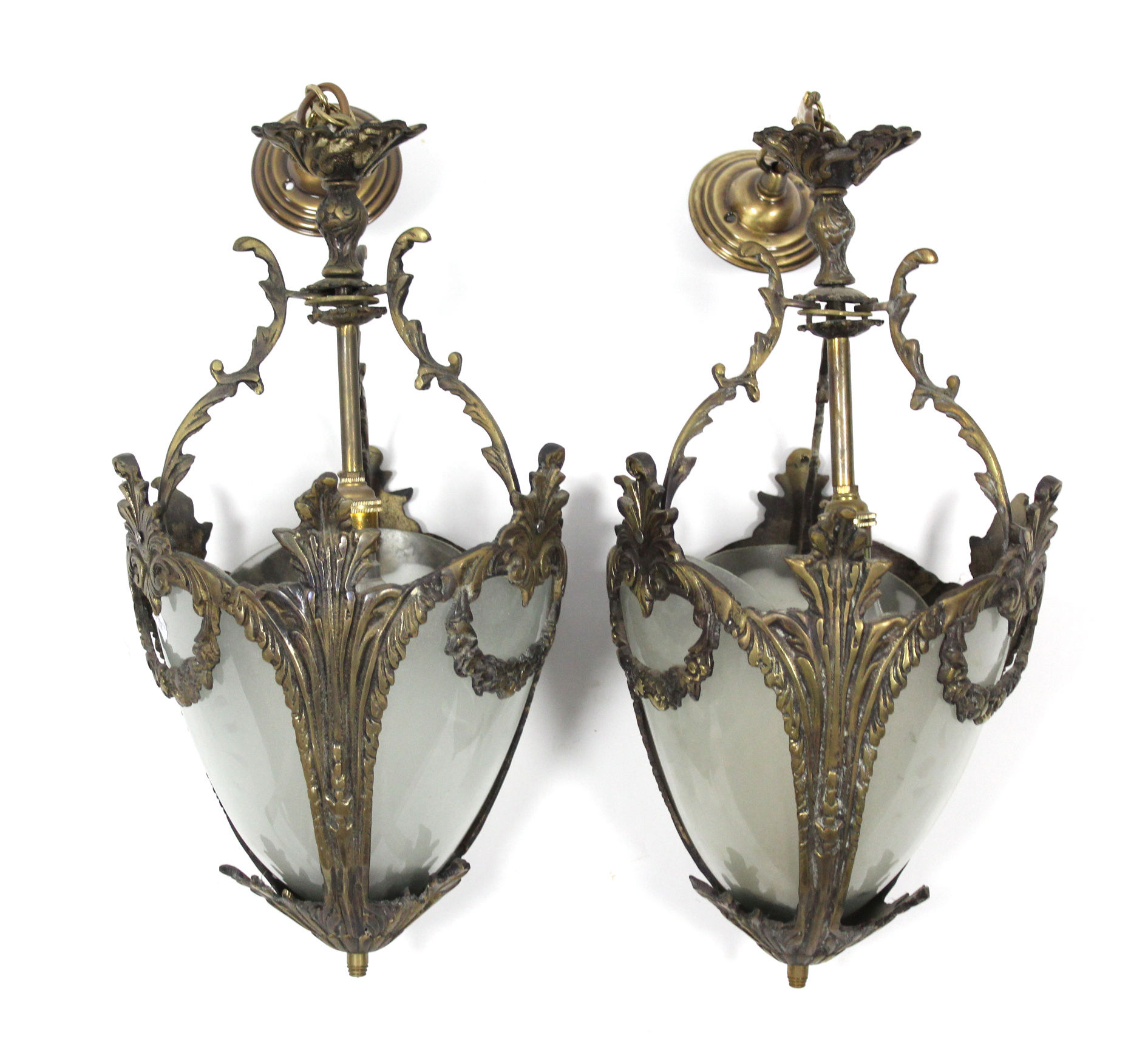 A pair of gilt-metal & frosted glass ceiling light fittings in the rococo style, of ovoid form, & - Image 2 of 2