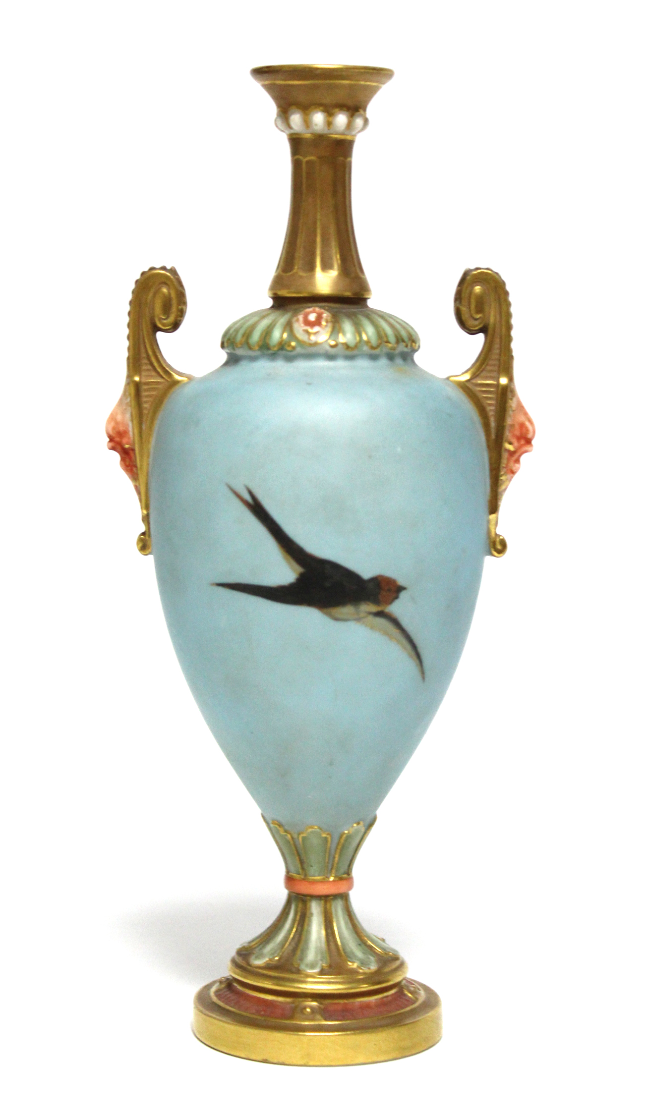 A ROYAL WORCESTER PORCELAIN TWO-HANDLED VASE, the slender ovoid body painted with swans in flight by - Image 6 of 7