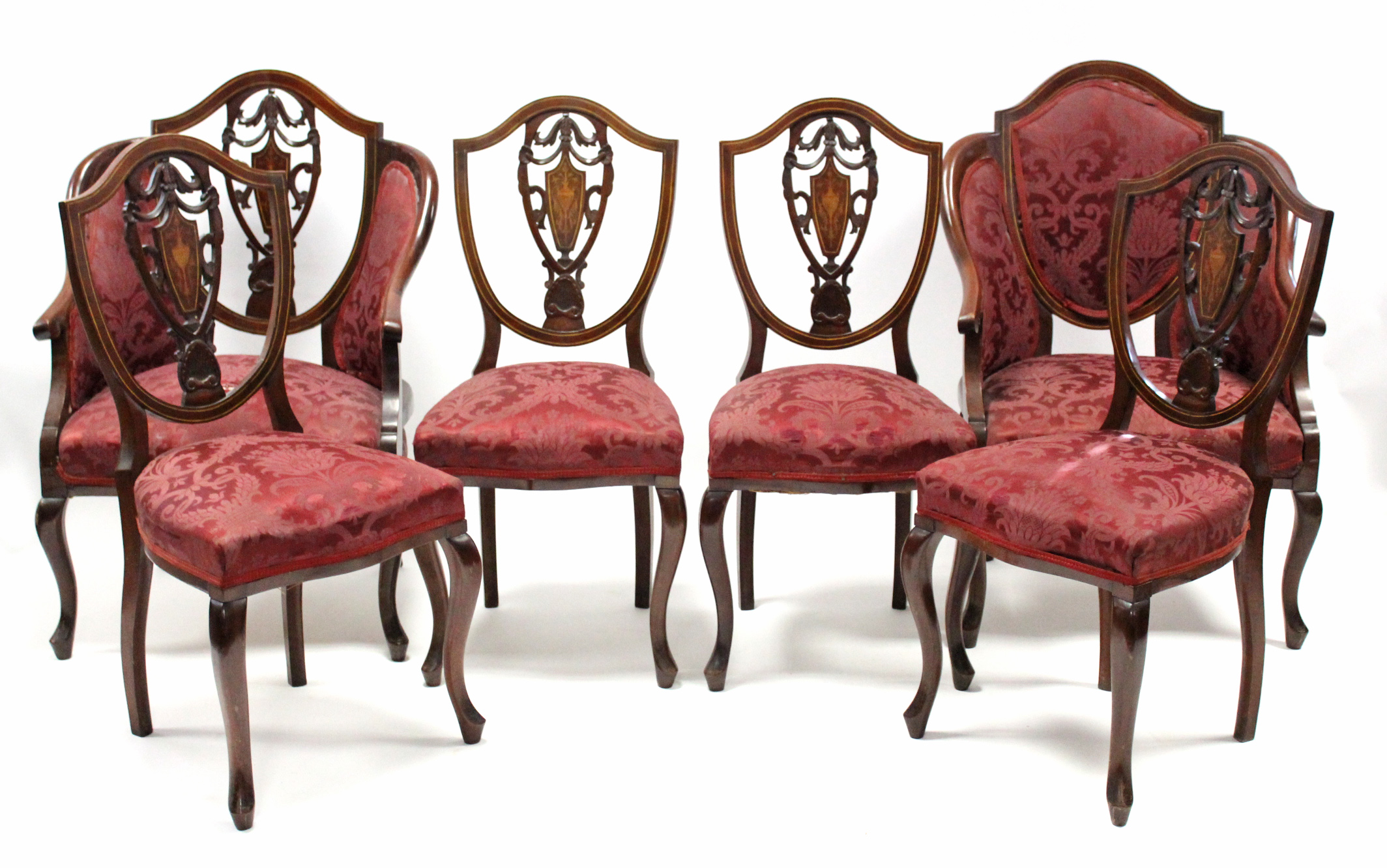 A late Victorian inlaid mahogany seven-piece salon suite comprising: a sofa, two armchairs & four - Image 5 of 5