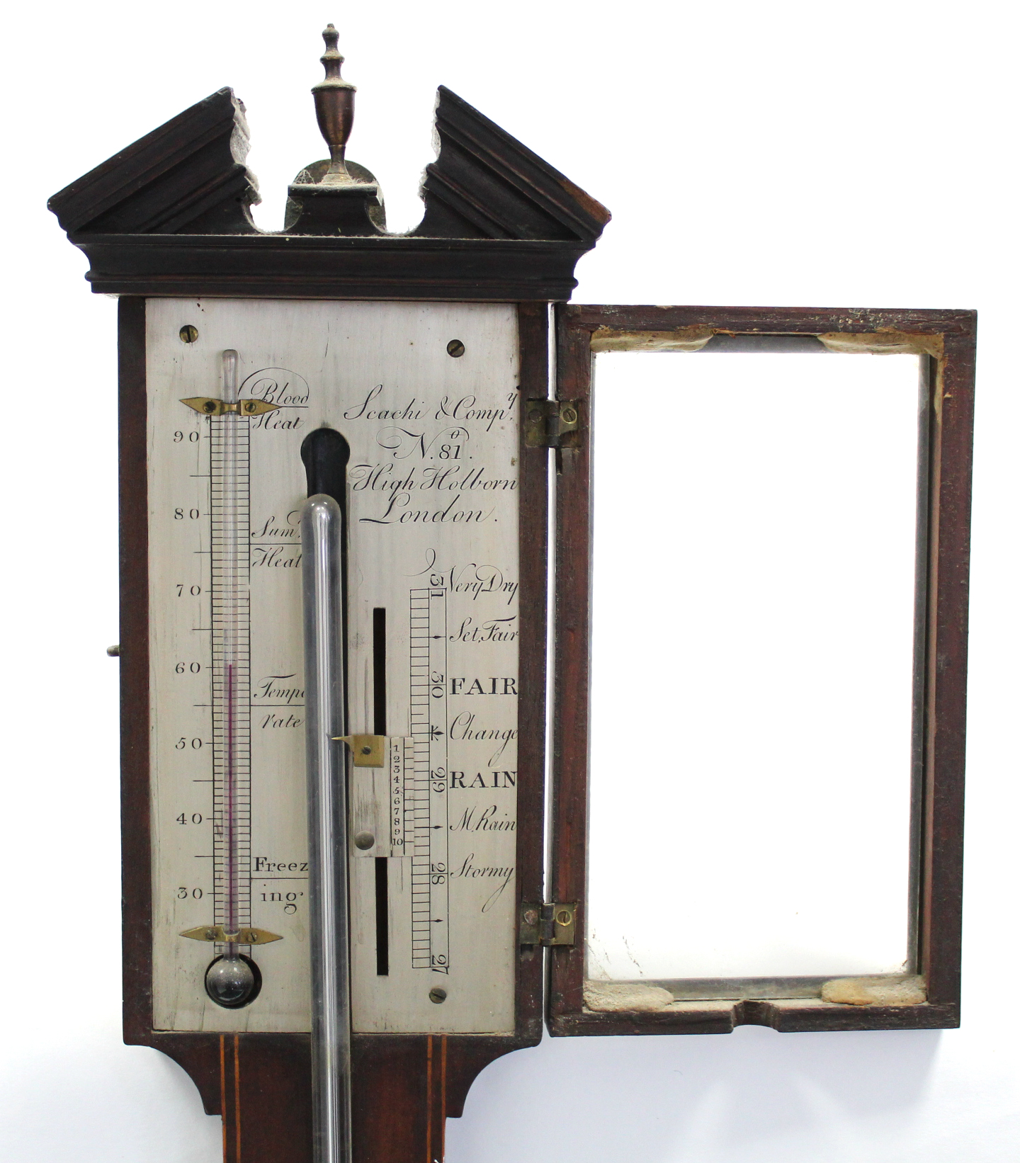 A George III stick barometer, the rectangular silvered dial signed: “Scachi & Compy., No. 81, High - Image 2 of 3