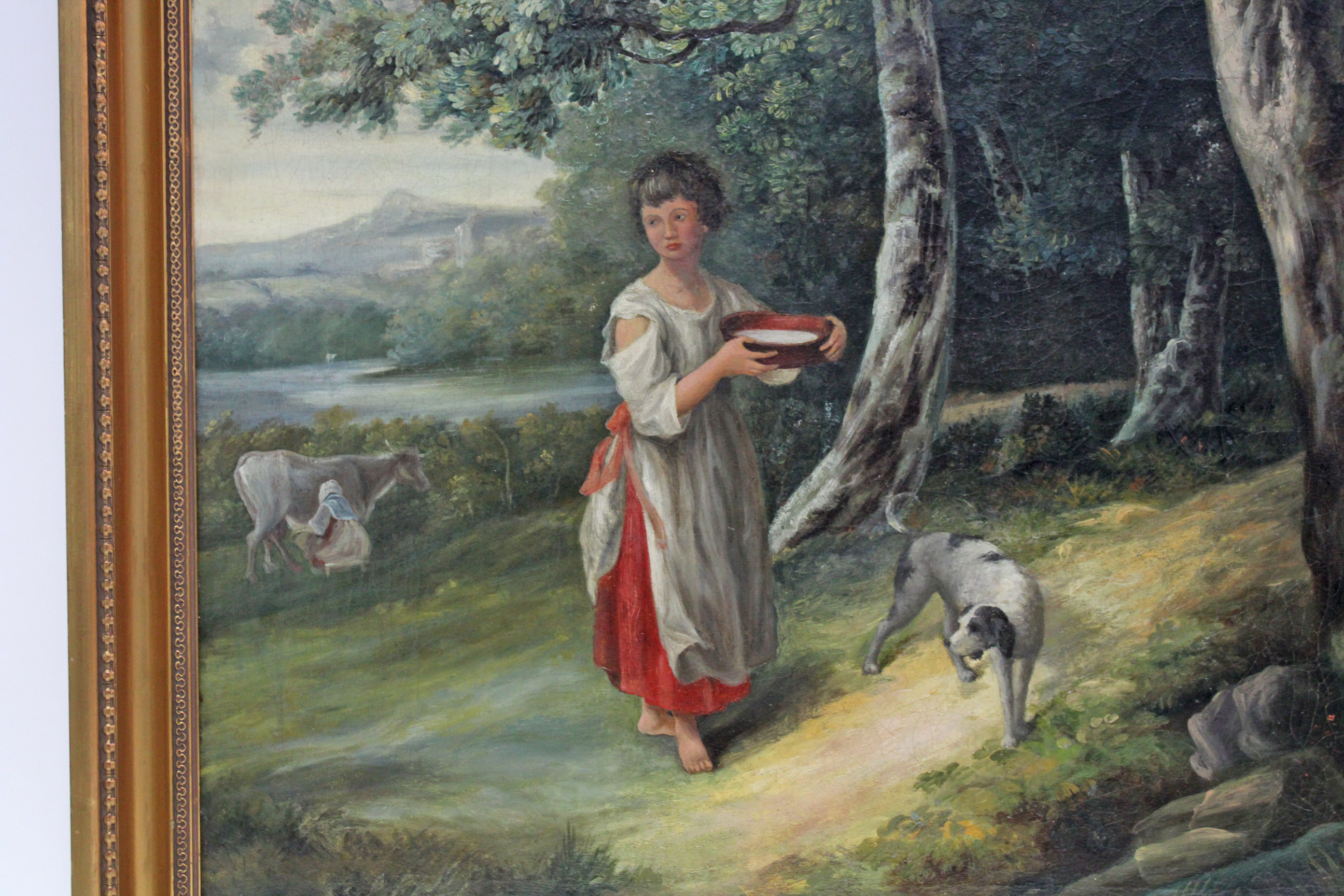 ENGLISH SCHOOL, late 18th/early 19th century. A wooded landscape with peasant girl holding a pan - Image 3 of 4