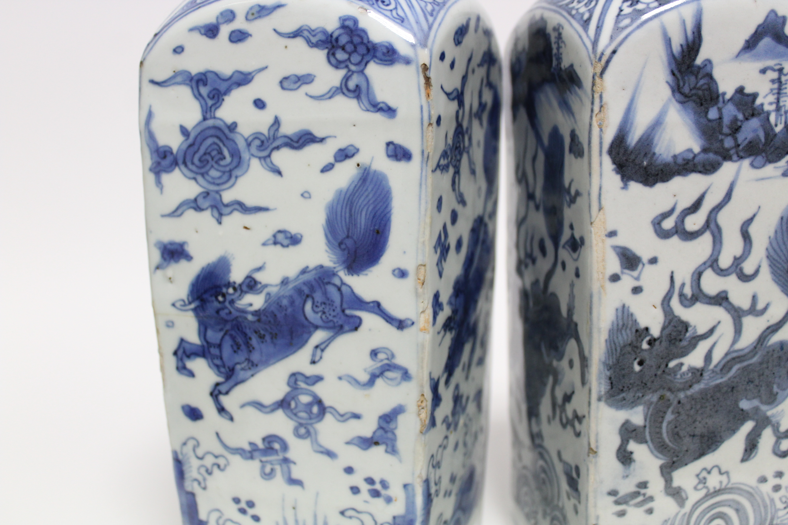 THREE CHINESE BLUE-&-WHITE PORCELAIN BOTTLE VASES, each of square section with short cylindrical - Image 12 of 16
