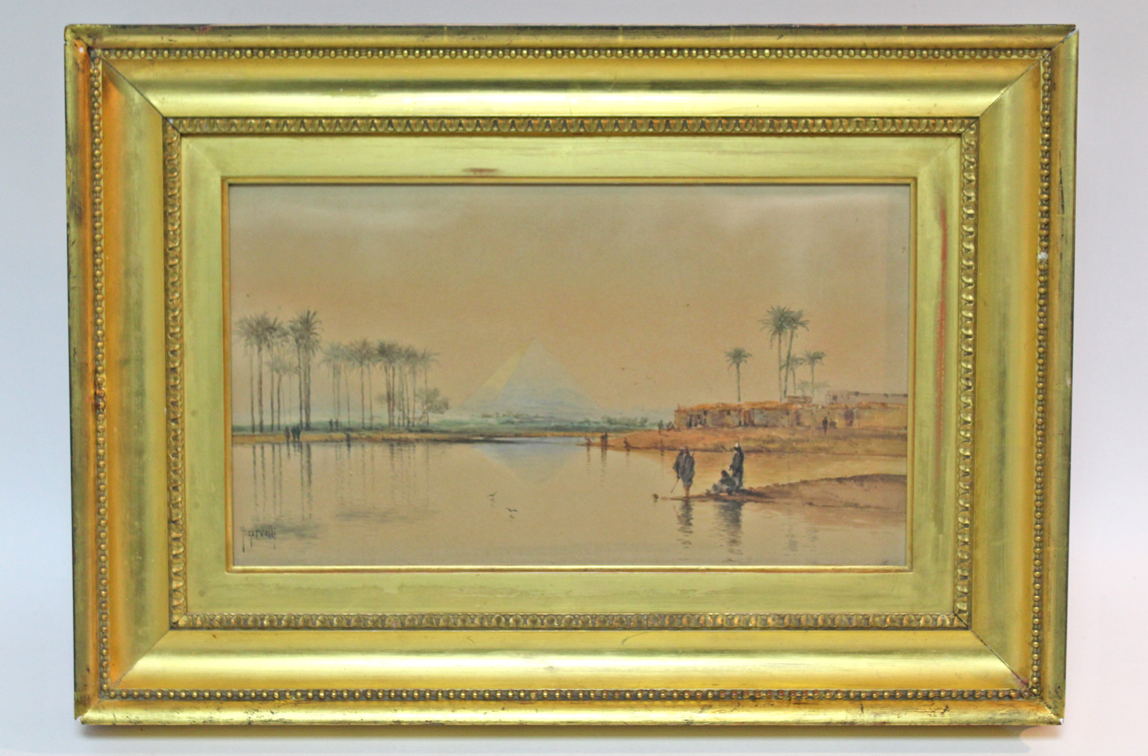 SCARVELLI, Spyridan (Greek, 1868-1942). A view of the pyramids from the river Nile, with figures, - Image 2 of 7