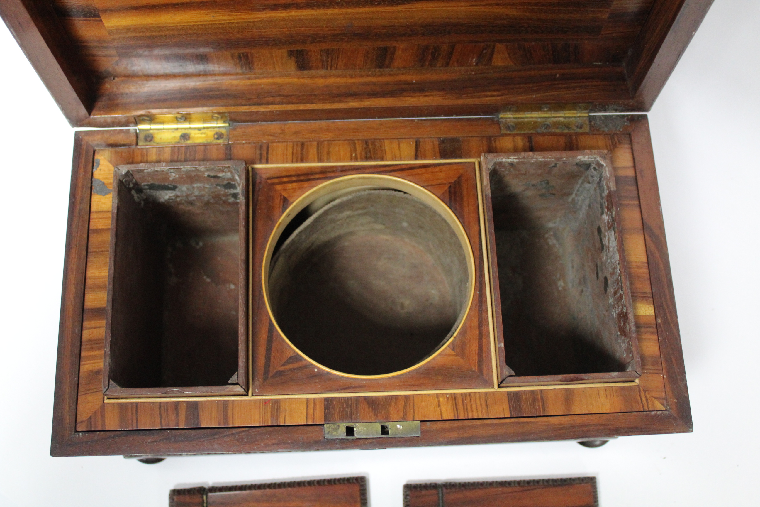 A regency Goncalo Alves tea caddy of rectangular tapered form with egg-&-dart decoration & fitted - Image 4 of 6