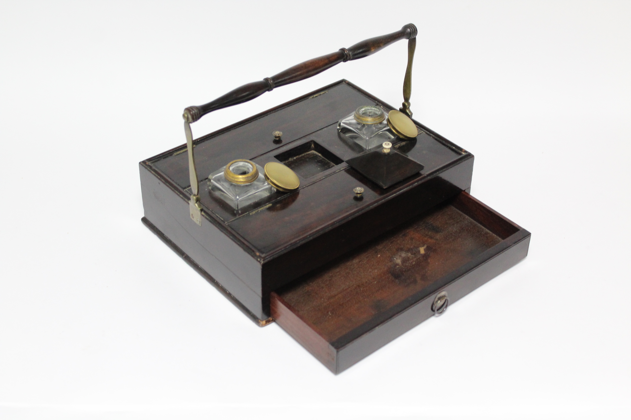 A late 18th-early 19th century mahogany writing box, fitted pair of glass inkwells with brass - Image 2 of 5