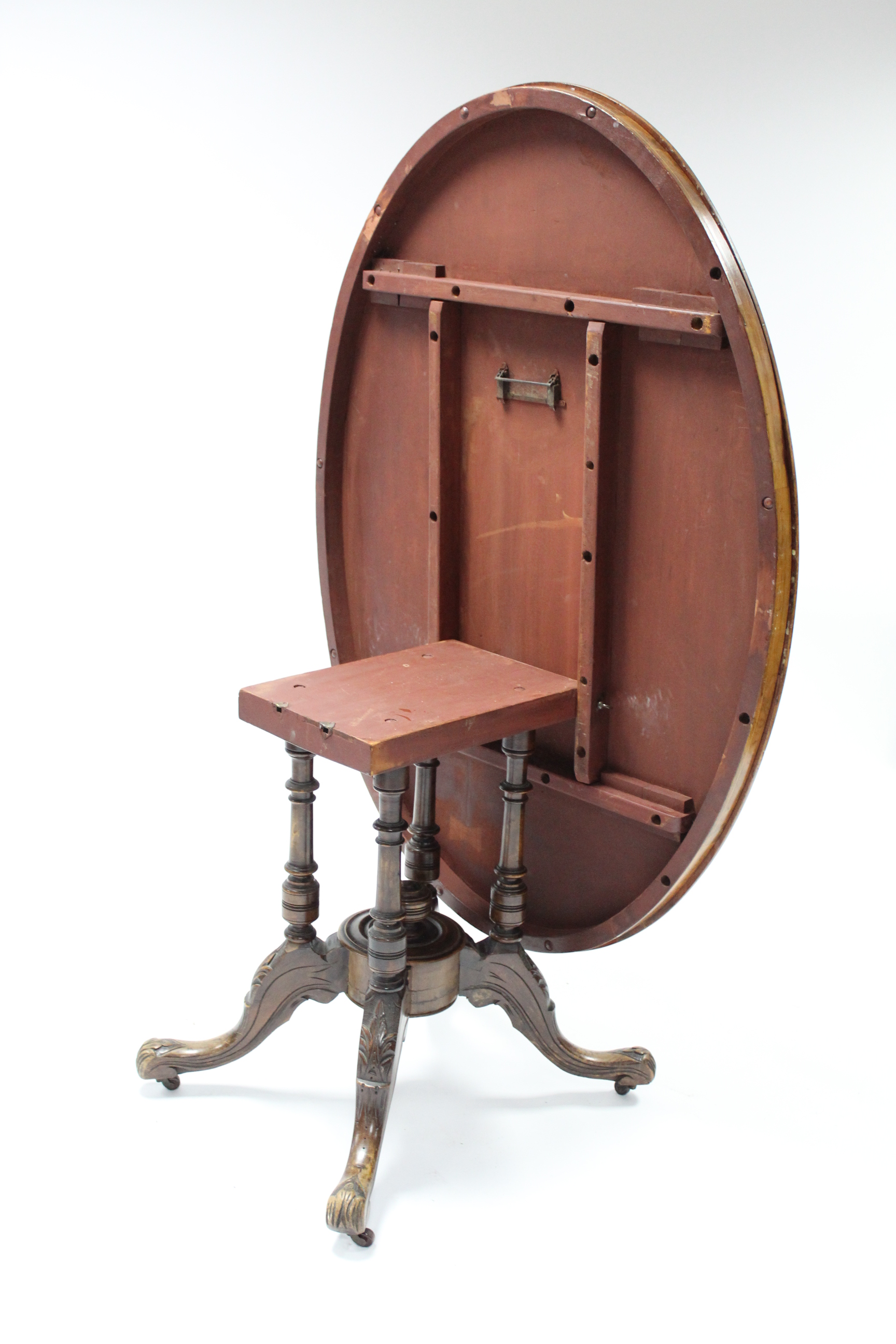 A mid-Victorian burr-walnut loo table with quarter-veneered oval top, on four slender supports - Image 2 of 4