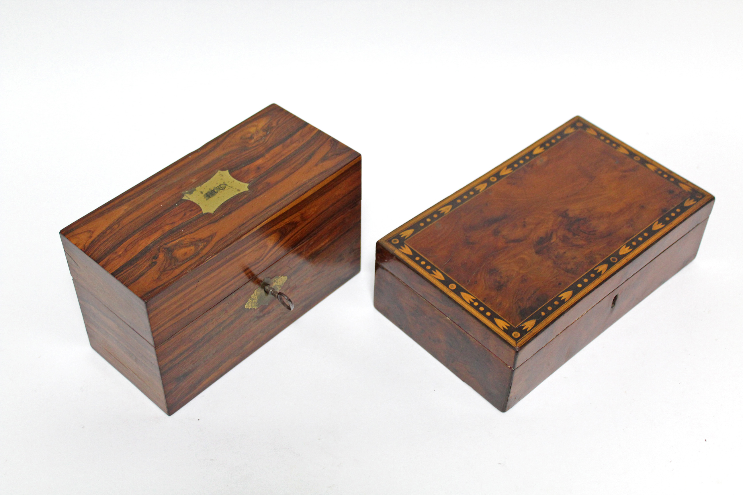 A 19th century tulipwood rectangular box with hinged lid & green morocco-lined interior, 7½” wide; & - Image 3 of 7