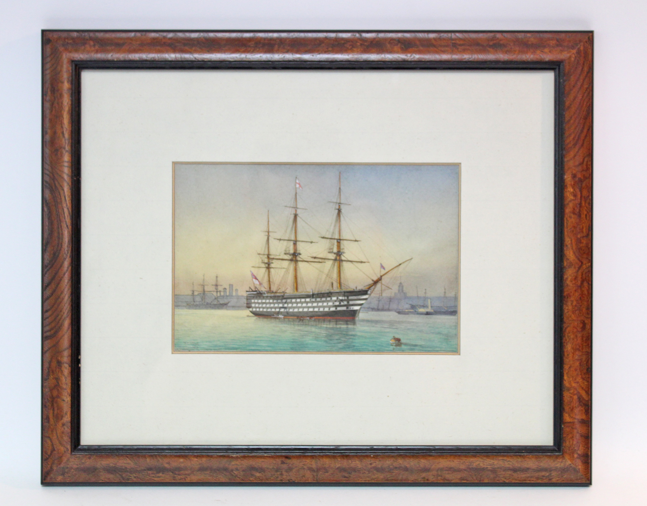 MITCHELL, William Frederick (1845-1914). A three deck Naval ship in harbour; signed & dated 1874 - Image 2 of 3