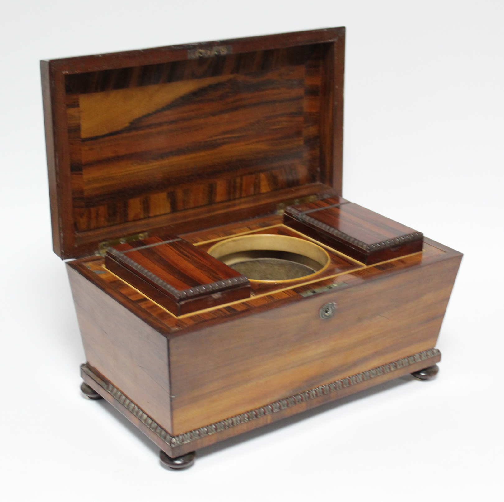 A regency Goncalo Alves tea caddy of rectangular tapered form with egg-&-dart decoration & fitted - Image 2 of 6