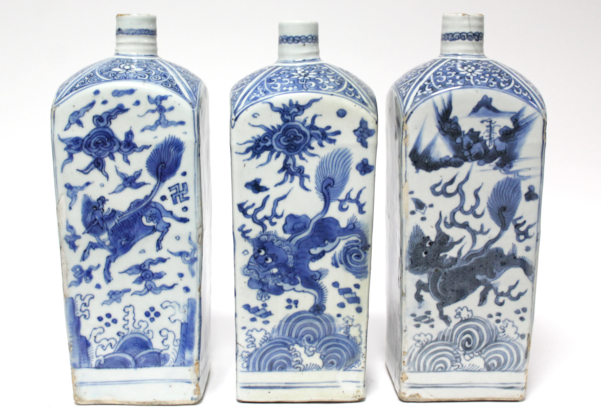 THREE CHINESE BLUE-&-WHITE PORCELAIN BOTTLE VASES, each of square section with short cylindrical - Image 3 of 16